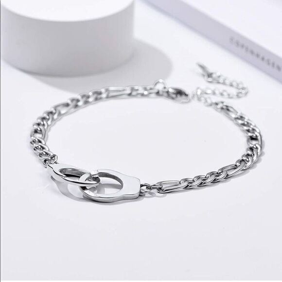 Silver Handcuff Anklet Figaro Chain Handcuff Ankle Bracelet - Picture 4 of 6